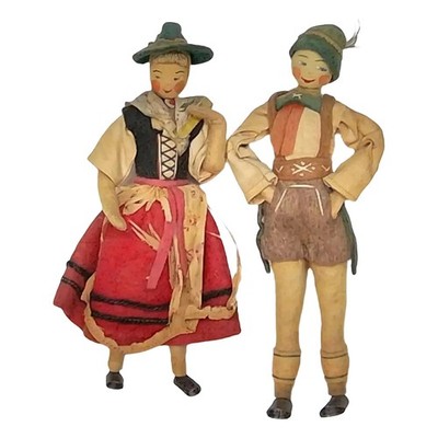 VINTAGE BAVARIAN FOLK DOLLS PAIR BOY GIRL CLOTH HAND PAINTED COSTUME GOOD