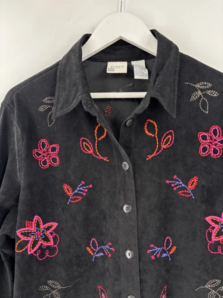 Chaqueta Koret Vintage Mujer Grande Negra Rosa Floral Bordado Botón Imitación Gamuza Foto 2 de 4