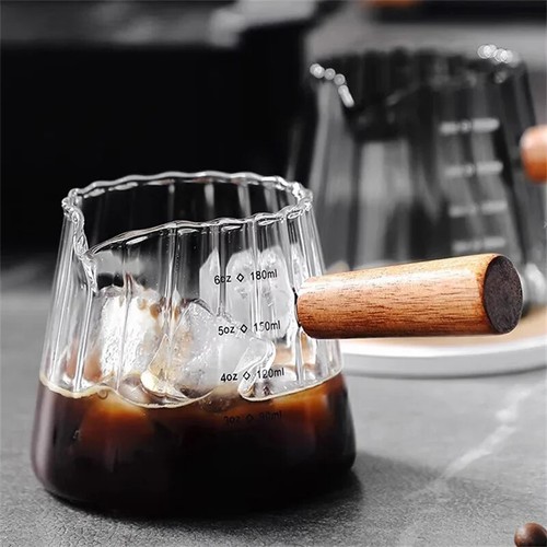 6oz Wood Handle Glass Espresso Measuring Cup Coffee Extraction Oz Cup Milk Jug - Picture 2 of 8