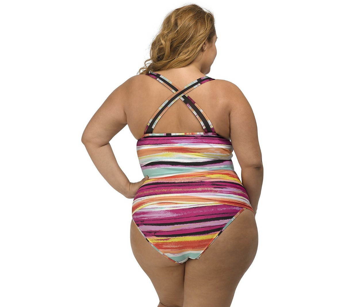 LYSA Multi Striped Tummy Slimmer Tankini Swim Top Plus Size (14W