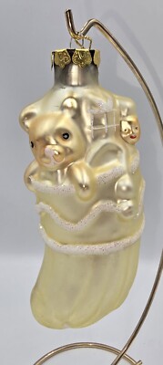 Vintage Blown Glass Stocking Teddy Bear & Doll Golden Christmas Ornament Rare