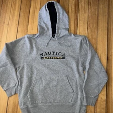 Vtg  rare Nautica Jeans Hoodie Sweater Sz larg Spell Out Pull Over gray