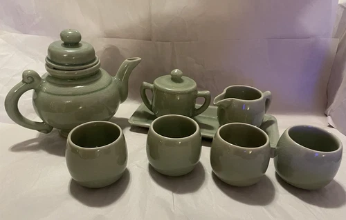 Thai Celadon Crackle Glazed Teapot/Cups/Creamer & Lidded Sugar Bowl Set