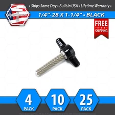1/4"-28 x 1-1/4" Thumb Screw Stainless Steel - Black Tee / Wing Knob - USA