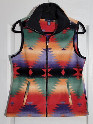 Chaps Fleece Vest Women's Size Medium Petite Southwest Print Full Zip Pockets