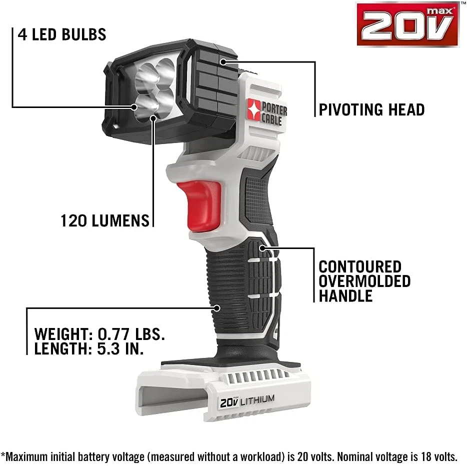 Luz de trabajo LED Porter-Cable 20V MAX, negra, 7,34 pulgadas Foto 2 de 4
