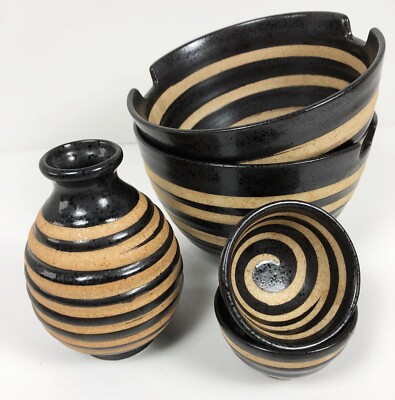 Handmade Japanese Pottery Sake Saki Rice Wine Ramen Cutout Bowls Set Carafe