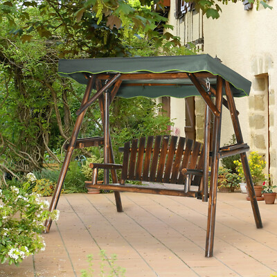 2-Person Patio Swing Chair Hanging Wooden Porch Bench w/ Adjustable Canopy