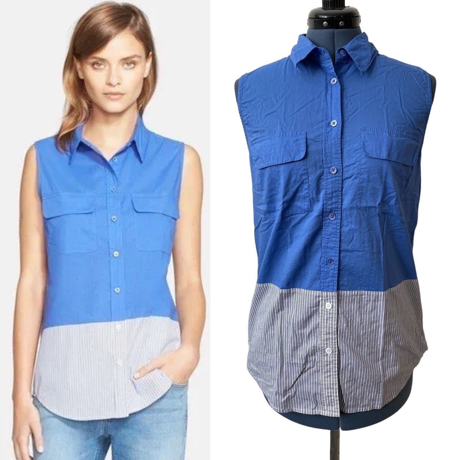 Femme Blue Button Up Striped Hem Sleeveless Tunic Top Preppy Coastal M