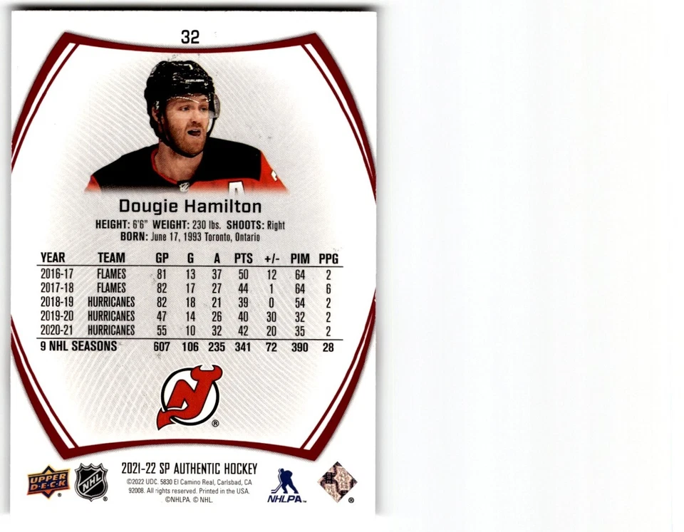 2021-22 SP Authentic Limited Red Dougie Hamilton #32 - Image 2 of 2