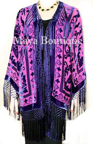 Fringe Jacket Kimono Duster Bolero Silk Burnout Velvet Pink Purple Short Maya - Picture 4 of 9