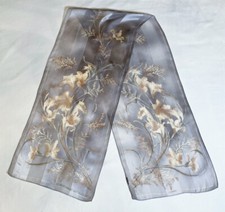 Adrienne Vittadini Pale Gray Silk Scarf Floral Gold Taupe Semi Sheer