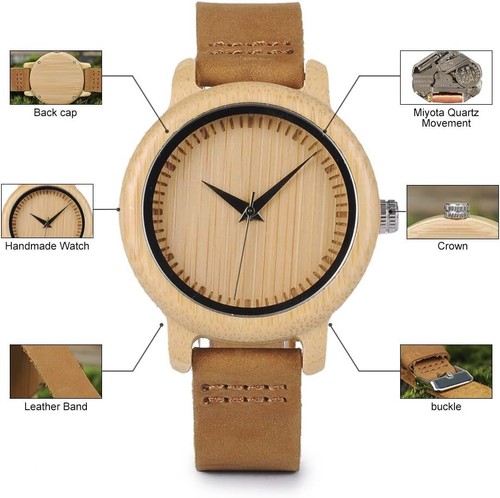 Men's Women's Bamboo Wooden Watch Cowhide Leather Strap Analog Quartz Casual - Picture 3 of 6