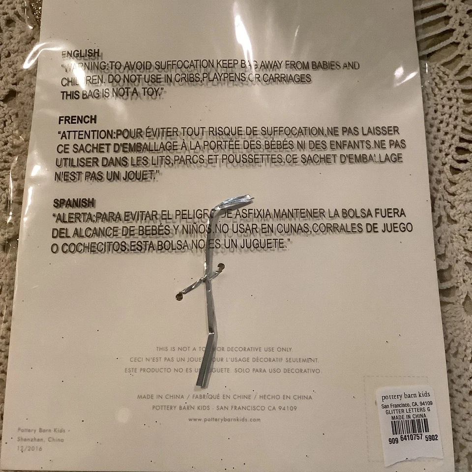 Nuevo en paquete 2016 Pottery Barn Kids plata cursiva letra G habitación infantil George 10"x6,5" Foto 3 de 4