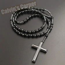 Matte Black Onyx Hematite Rosary Necklace Catholic Christ Cross Men Women Gift