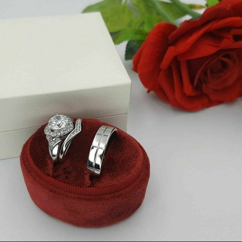 14K White Gold Fn Trio Ring Set His And Hers Diamond Engagement Bridal Wedding