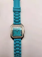 Women's Geneva Platinum Watch.  Aqua Marine Band.  New Battery.  D25