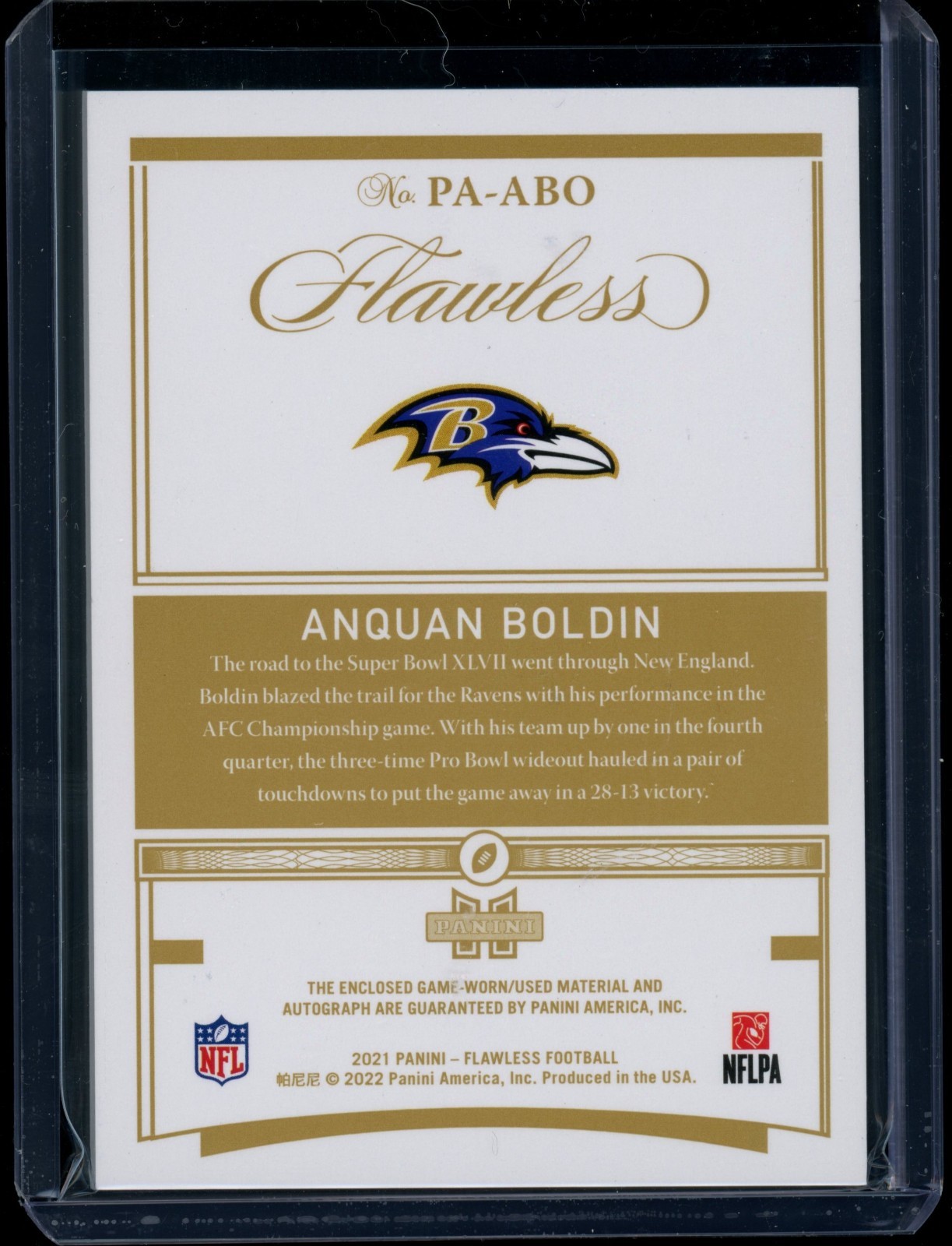 Anquan Boldin 2022 Panini Flawless Sapphire Patch Auto /5 Game Used Ravens view 2