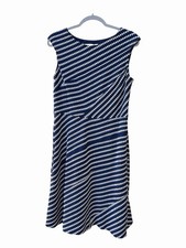 ANNE KLEIN  Sleeveless Navy & White Asymmetrical Dot Lined Dress WM SZ 12P