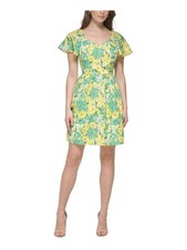 KENSIE Womens Yellow Lined Square Back Flutter Sleeve Short Sheath Dress 12