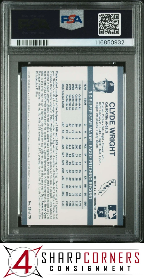 1971 KELLOGG'S #28 CLYDE WRIGHT CALIFORNIA STATE LOGO SO 280 PSA 9 - Image 2 of 3