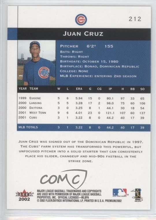 2002 Fleer Premium Premium Prospects Juan Cruz #212 - Image 2 of 2