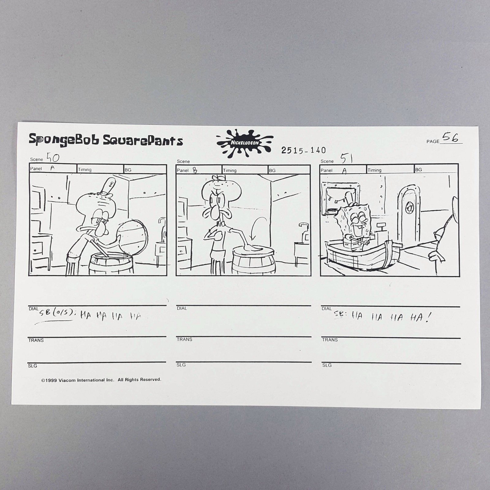 SpongeBob SquarePants Storyboard Squidward Stirs Barrel, SB Laughs in Boat, COA