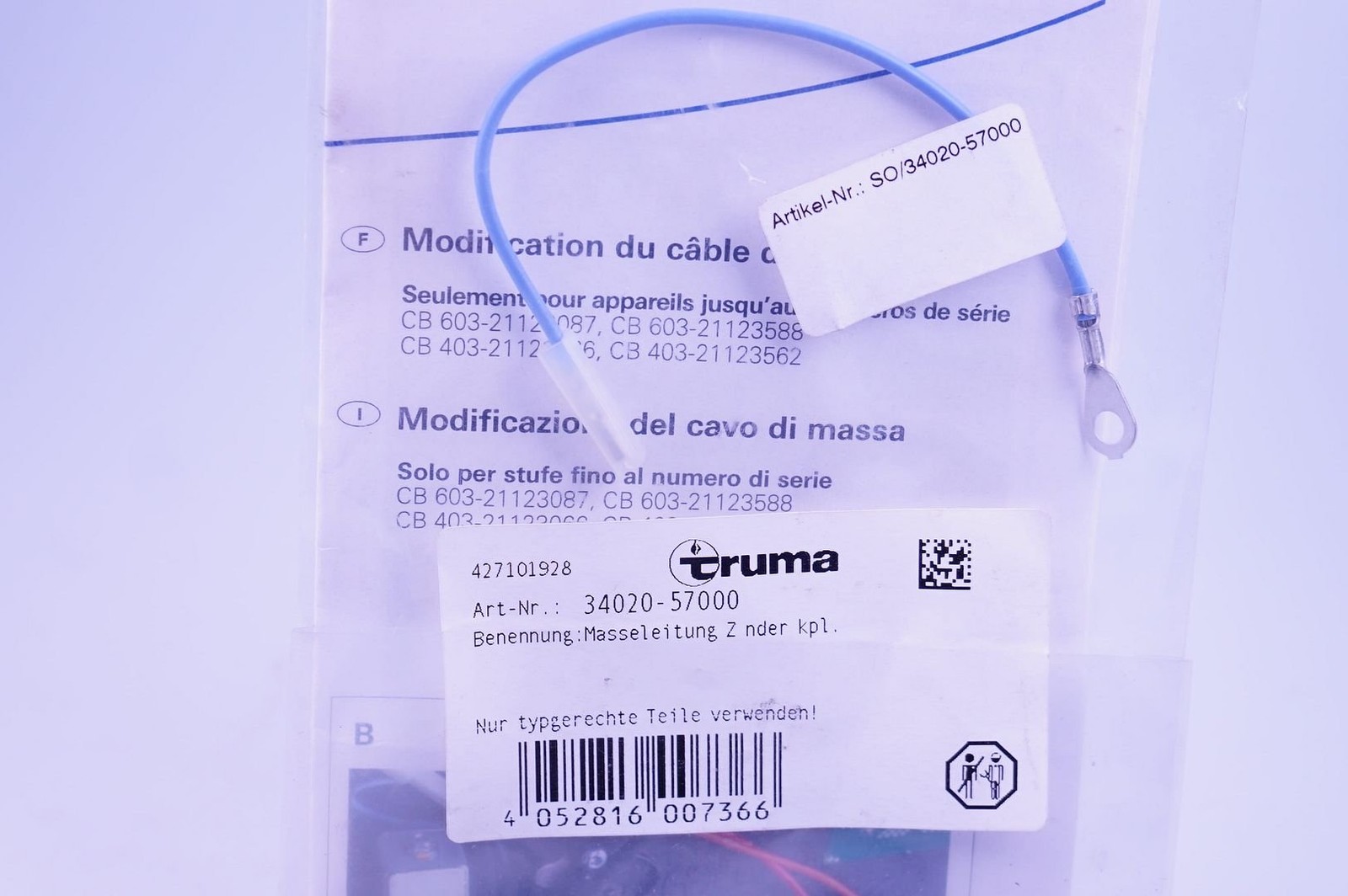 TRUMA 34020-57000 Mass Cable/Igniter For Combi Heaters OVP New