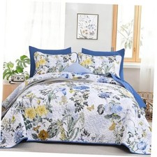 Floral Quilt Sets,3 Piece Farmhouse Botanical Lightweight Bedspread Queen Blue