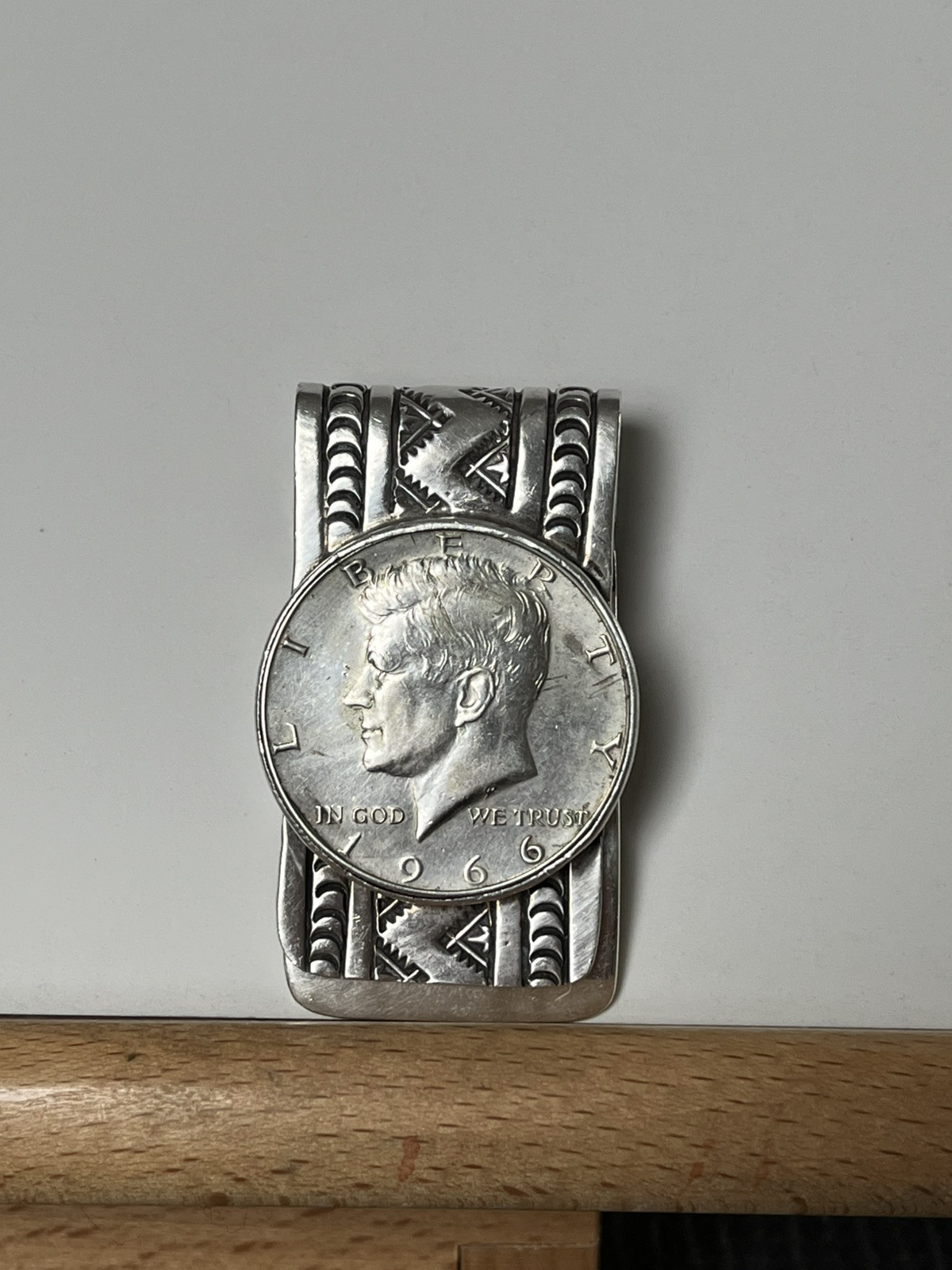 Hopi Native American Sterling Silver Money Clip Featuring 1966 JFK Half Dollar Coin