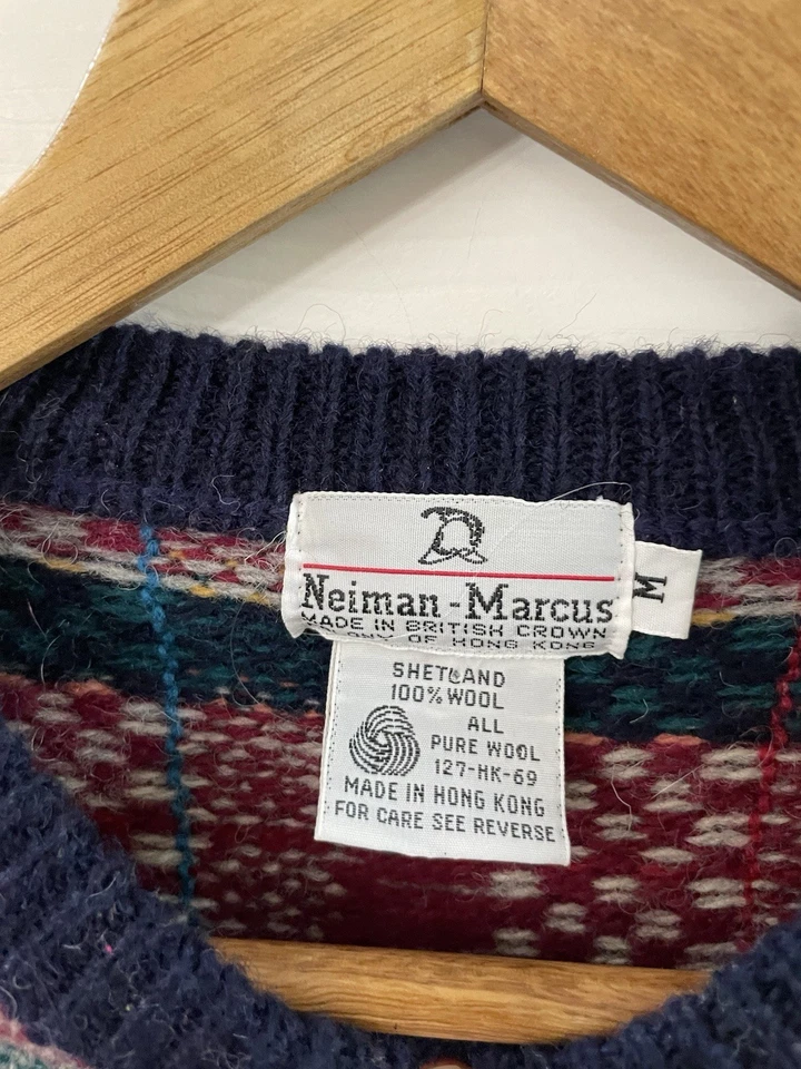 Vintage Neiman Marcus Shetland Wool Sweater Multicolor Geometric Made HK M - Image 3 of 4