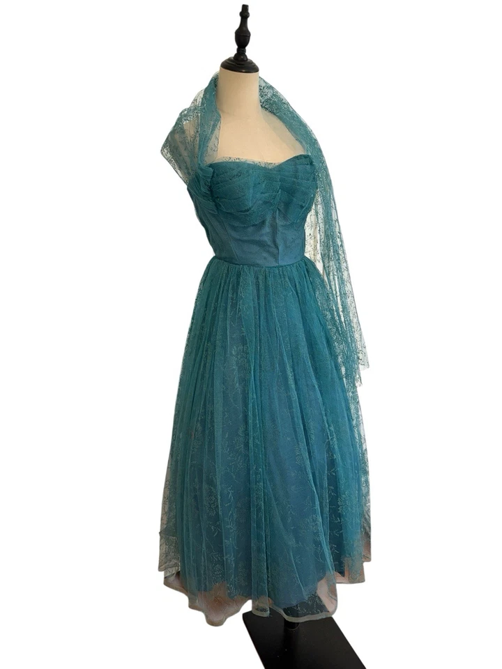 Vtg 50s Cupcake Dress Purple Blue Party Strapless Floral Texture 23”W - Image 3 of 4