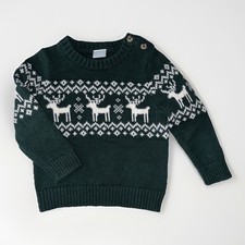 Boy's Winter Green Knit Holiday Christmas Reindeer Sweater 100 Cotton 18M