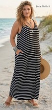New Plus Size Women's Black White Striped Sleeveless Maxi Dress Pockets 1X 2X