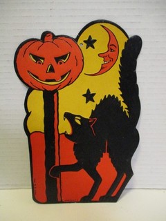 Vintage Halloween Cardboard Decoration Black Cat/Jack O Lantern/Man In The Moon