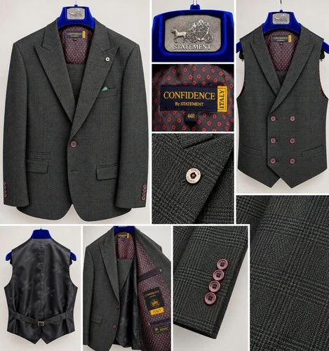 Statement Men's Green Plaid 3-Piece Suit Jacket Vest 2-Button Notch Lapel