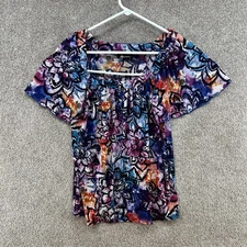 AB Studio Women's Blouse Size Large Blue Multicolor Short Sleeve Pullover