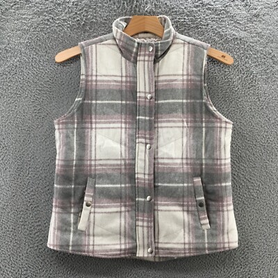 Thread & Supply Vest Sweater Womens M Gray White Plaid Mock Neck Button Snap NEW