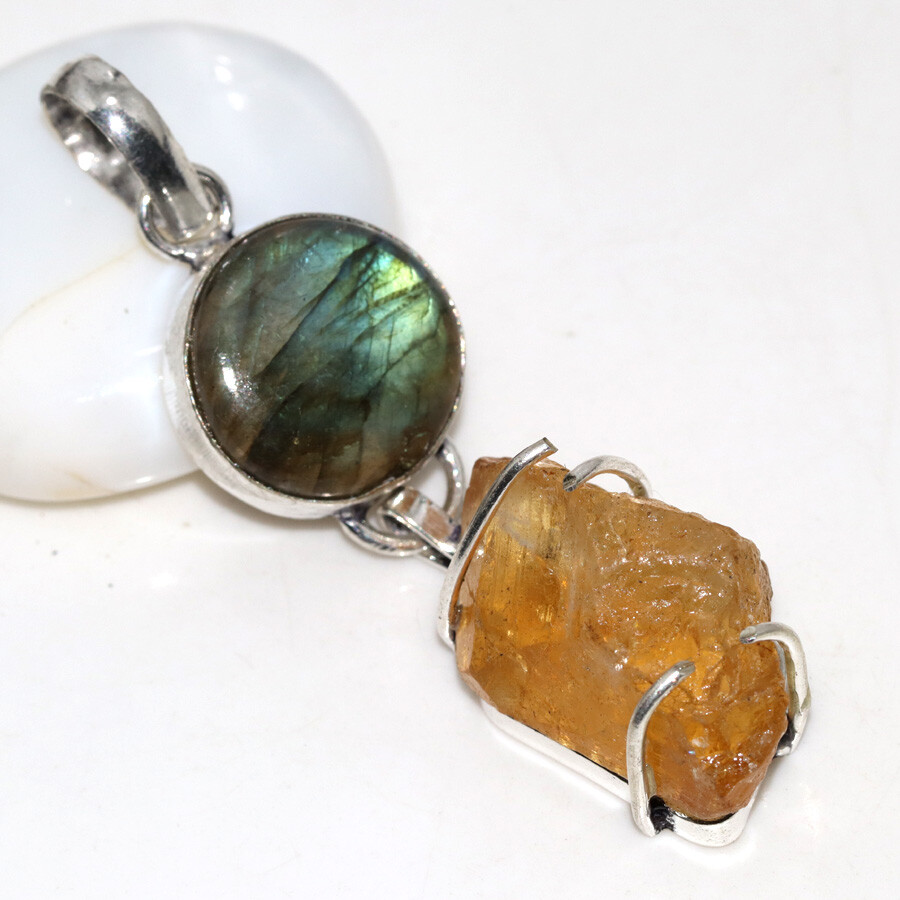 Citrine and Fiery Labradorite 925 Silver Plated Long Pendant 2.5 Inches Jewelry