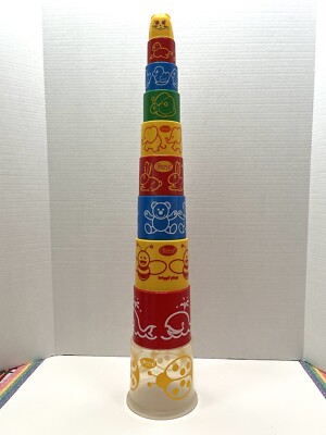 Vintage Gowi Happy Play Stacking Cup Toy 10 Pieces Over 2 Feet Tall