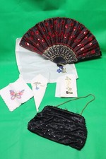Vtg Lot Art Deco Black Silver Beaded Purse Bag Hong Kong Alba fan