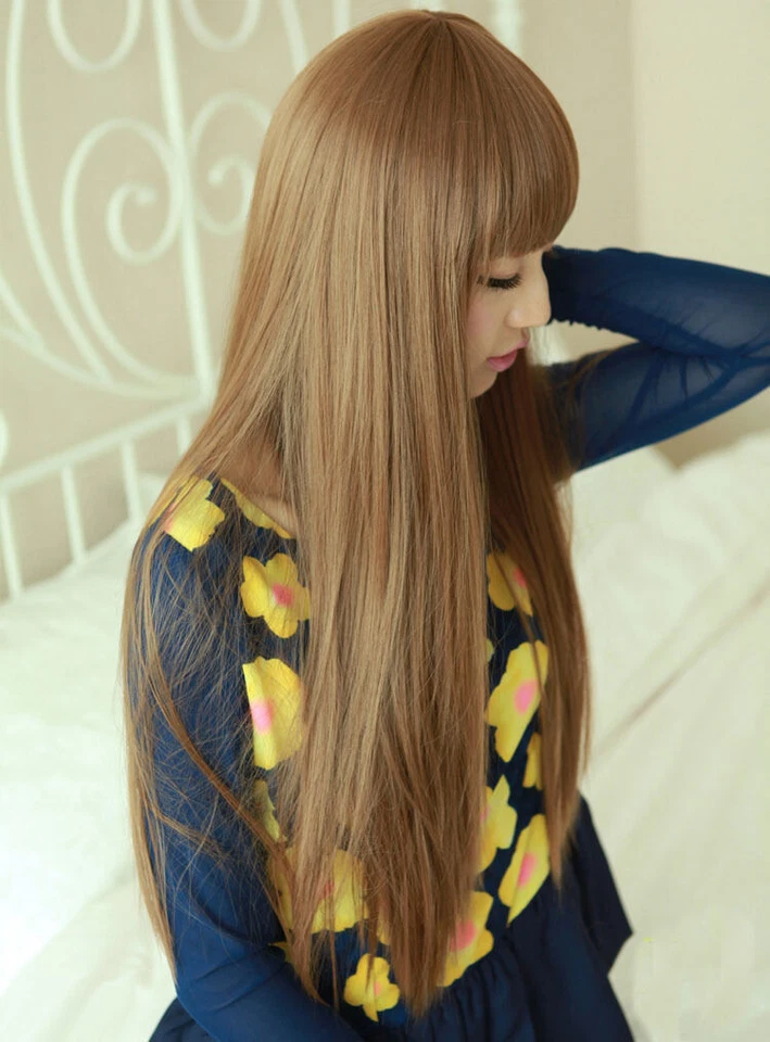 Moda Peluca Larga Marrón Claro Recta Ordenada Bang Mujeres Dama Pelo Pelucas + Gorra Peluca Foto 4 de 4