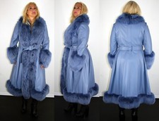 Brand New Saks Potts Foxy Blue Lambskin Leather Coat Fox Fur Trim Size 3 Large