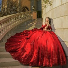 Red Quinceanera Dresses Ball Gown Sequins Applique Beading Bow Corset Sweet 16