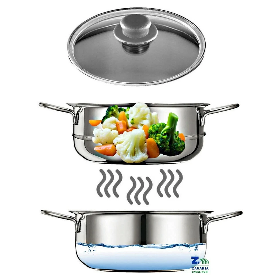 CASSERUOLA VAPORIERA CM 26 CON CESTELLO SOVRAPPONIBILE COPERCHIO IN VETRO - Immagine 2 di 3