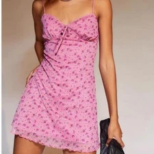 Urban Outfitters Elodie Floral Pink Spaghetti Straps Mesh Mini Dress Size L