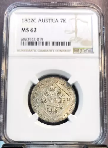 1802 AUSTRIA 20 KREUZER FRANCIS II PRAGUE MINT NGC MS 62 SCARCE MINT STATE