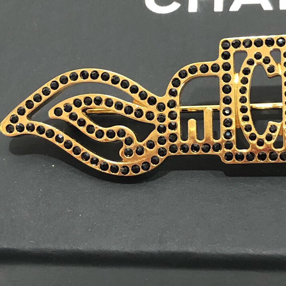 CHANEL Logo Black Rhinestone Lighter Brooch Gold Tone Pin