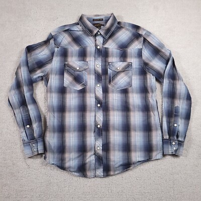 HELIX Shirt Men's Medium Blue & Gray Plaid Pearl Snap Athletic Fit ...