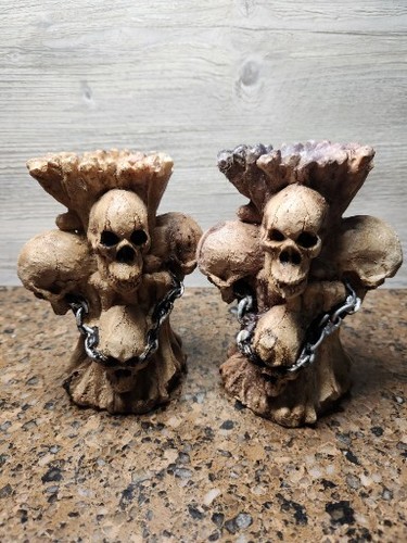 2 Halloween Decorations Skulls Candlestick Holders